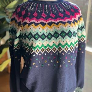Navy Fair Isle Crewneck Sweater with Pink, Mint & Yellow Accents XXL Cottage
